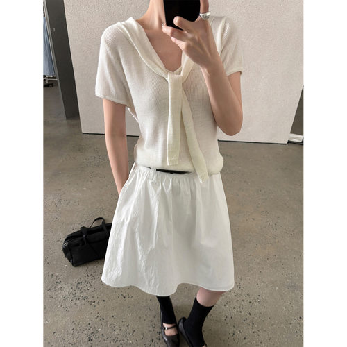 TG 韩系减龄显瘦飘带海军领百搭纯色短袖针织T恤女2026春款26588