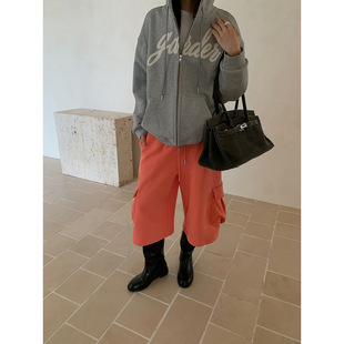 易恩欧inbyin一抹亮橙七分工装裤子女款小个子抽绳宽松阔腿卫裤女