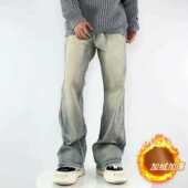 美式 子潮 加绒做旧长裤 高街牛仔裤 男弹力潮牌复古vibe风百搭微喇裤