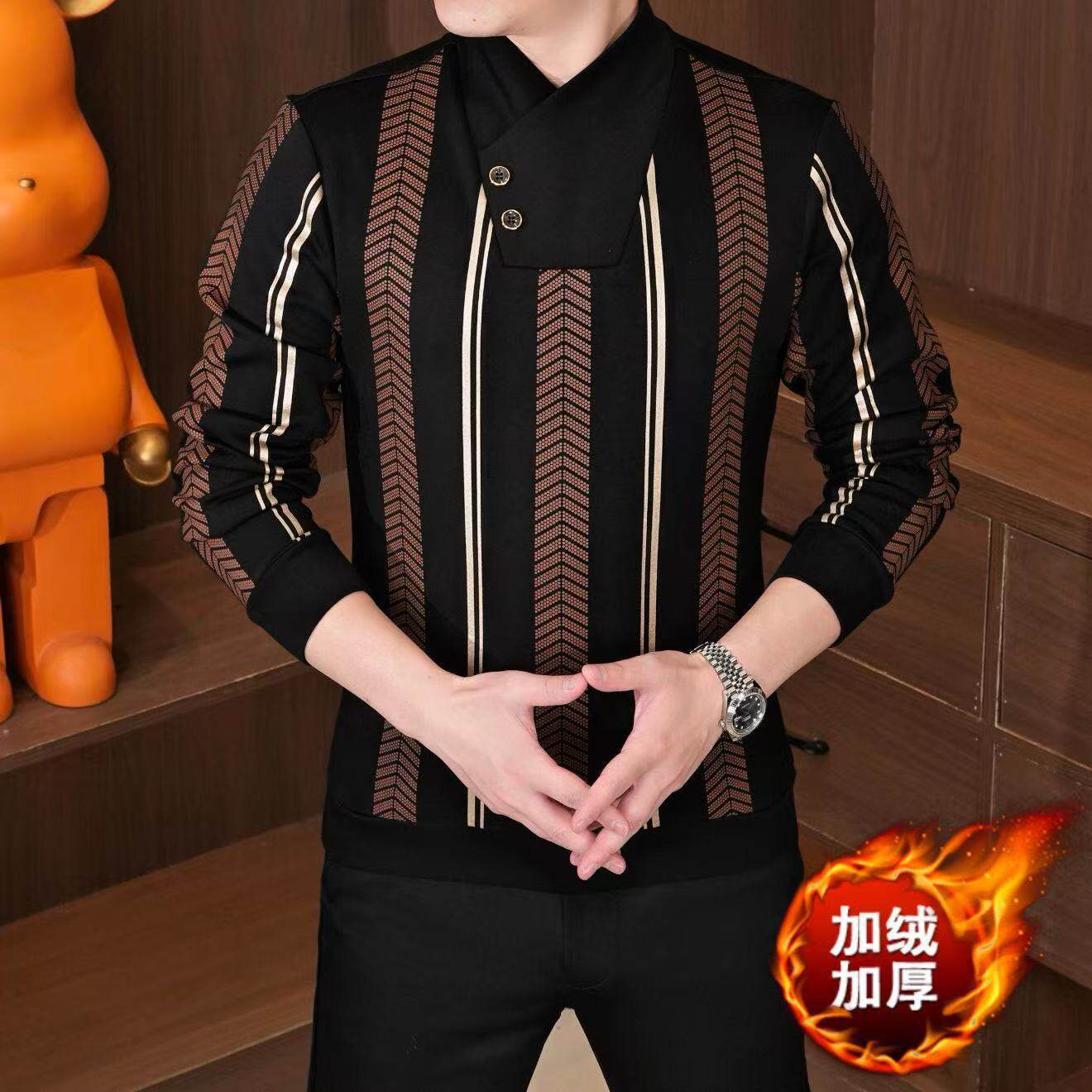 顿恒男装冬季加绒时尚潮流百搭围巾领男装修身条纹打底衫长袖卫衣