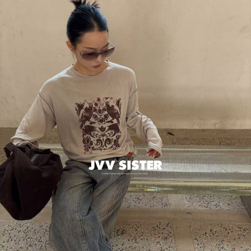 JVV十三行2026秋季新款复古花鸟印花上衣宽松休闲长袖T恤女91122