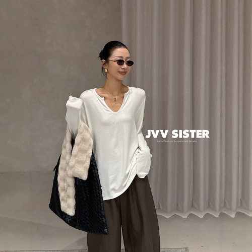 JVV十三行2026秋季新款高级感显瘦V领上衣百搭休闲宽松T恤女73100