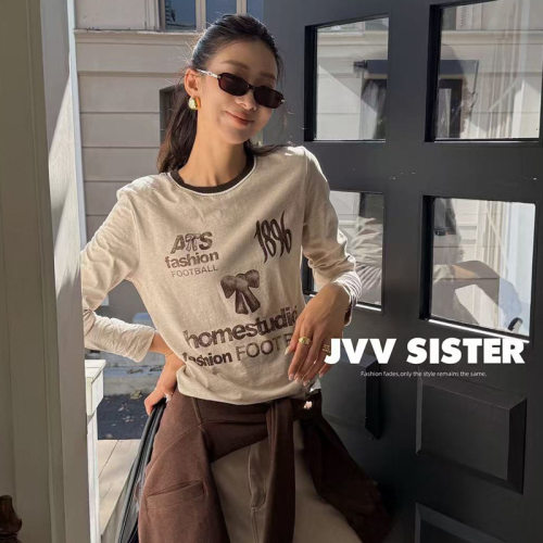 JVV十三行2026秋季新款美式复古印花百搭上衣休闲长袖T恤女01285