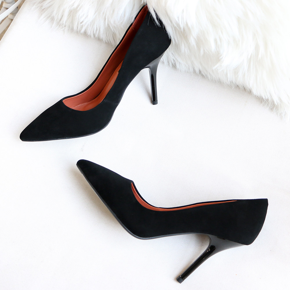 基本款简约性感ol通勤基本款磨砂羊皮高跟鞋尖头细跟反绒浅口单鞋