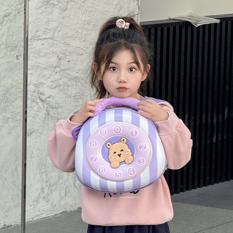 日系条纹款电话研学书包幼儿园2026男女童高颜值卡通硬壳双肩背包