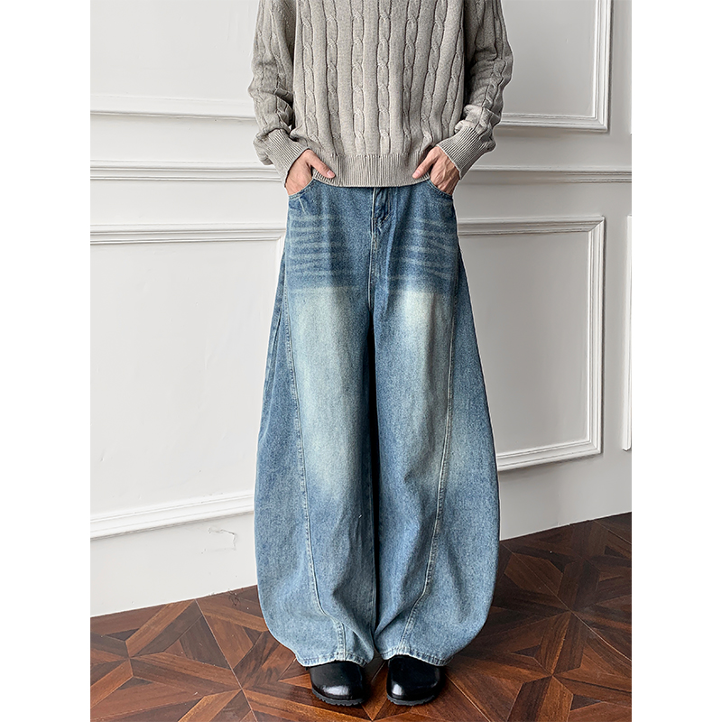 复古水洗弯刀解构牛仔裤男款做旧cleanfit阔腿直筒微喇廓形长裤子