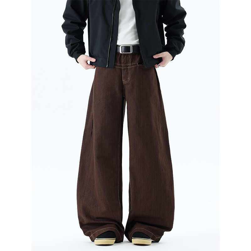 美式复古弯刀牛仔裤男女做旧冬季hiphop水洗拖地工装裤子美式直筒