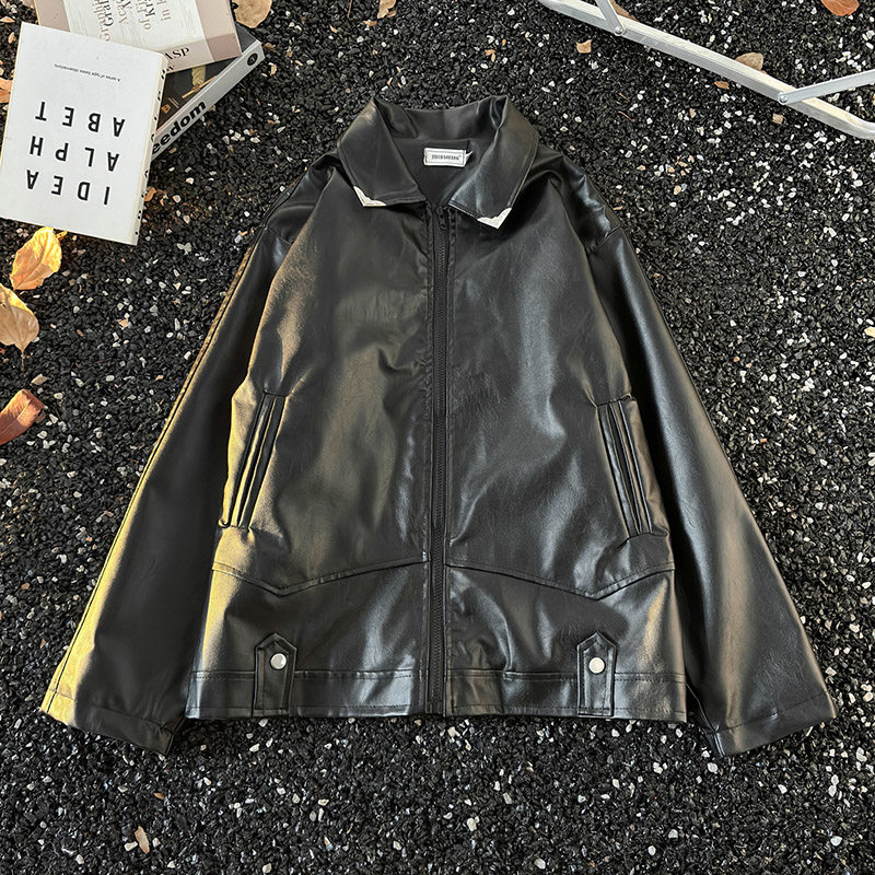 美式PU炸街机车风皮衣外套男装潮牌ins宽松休闲飞行员皮夹克褂子