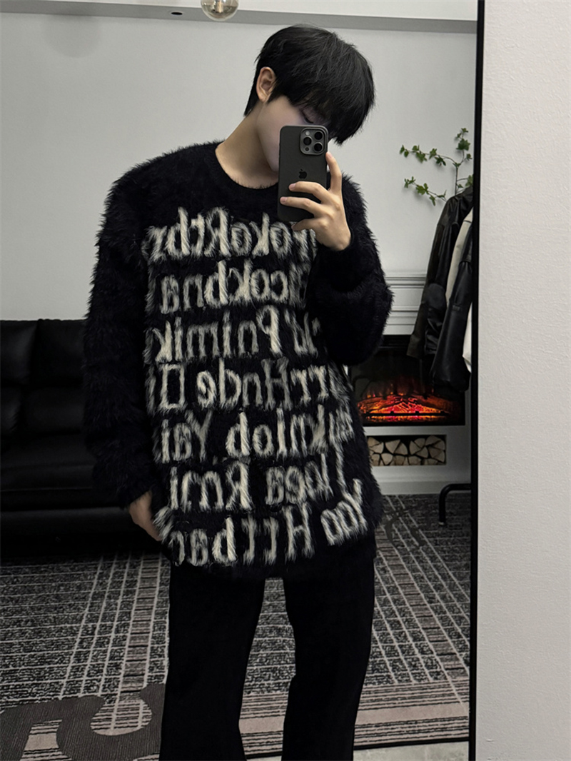 美式复古慵懒风圆领仿貂毛毛衣