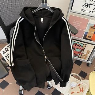 三条杠拼色重磅外套休闲运动风 冬装 连帽开衫 灰色卫衣男女2025新款