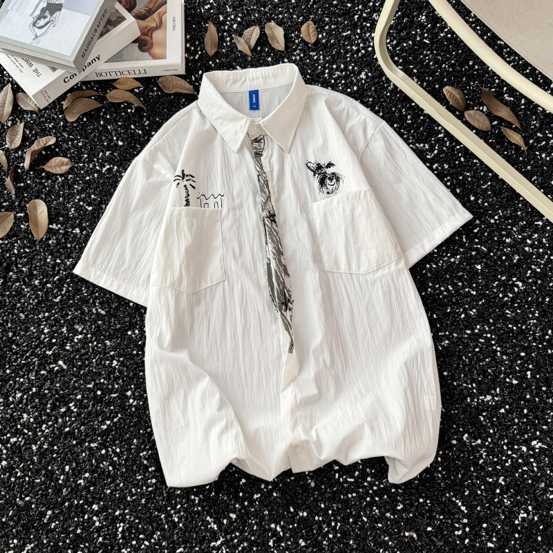 时尚创意设计感领带涂鸦白色衬衫短袖男女夏季趣味半袖开衫衬衣潮