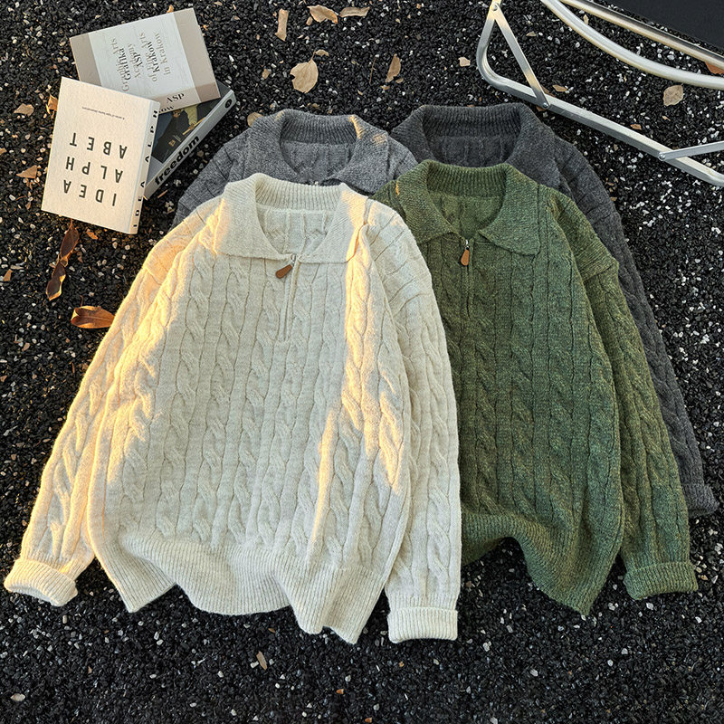 麻花纹半拉链polo领毛衣男高级感翻领针织衫老钱风套头保暖打底衫