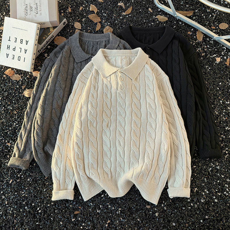 日系POLO领绞花长袖毛衣男生冬季松弛感打底灰色套头翻领针织毛衫