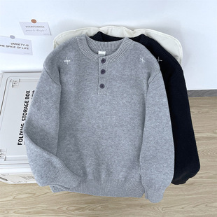 老钱风亨利领刺绣毛衣男生冬季 毛线衣潮牌 重磅vintage宽松针织衫