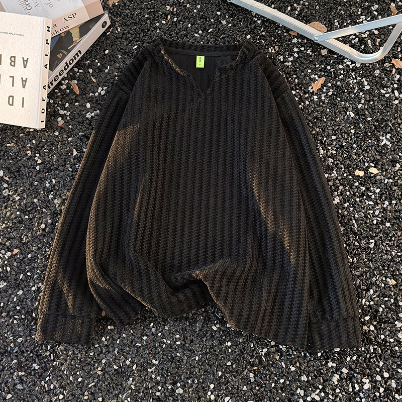 鱼骨纹V领长袖t恤男女秋季潮牌内搭撞色情侣打底体恤透气套头上衣