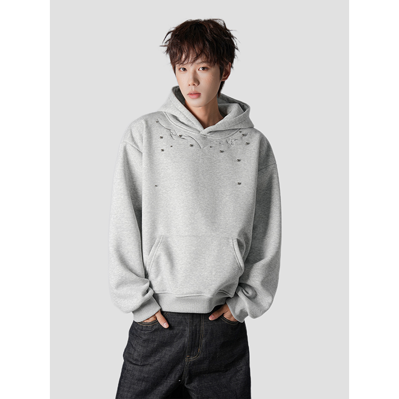 小众脊骨钉珠刺绣连帽加绒灰色卫衣男女款美式宽松设计感加厚上衣