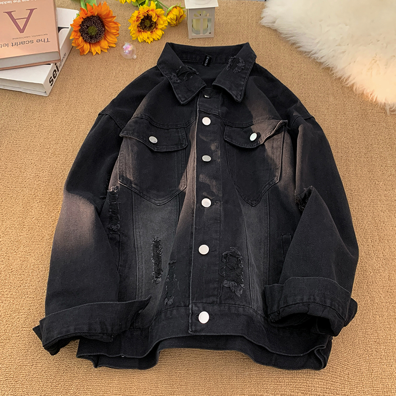 重磅高街牛仔夹克男秋季复古翻领工装外套美式长袖情侣款休闲上衣