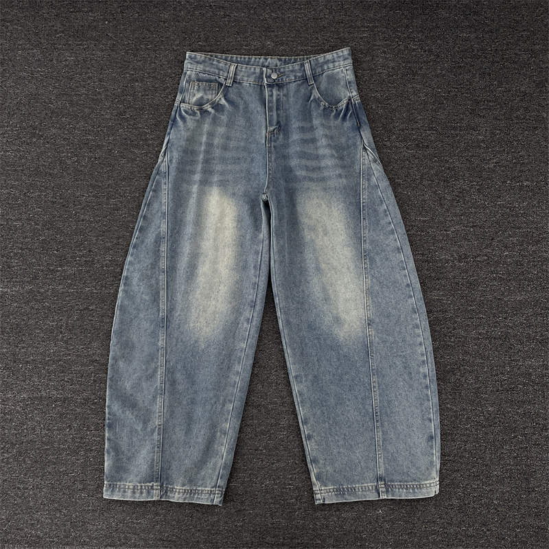 水洗做旧弯刀牛仔裤男女嘻哈微喇cleanfit解构阔腿香蕉裤宽松显瘦