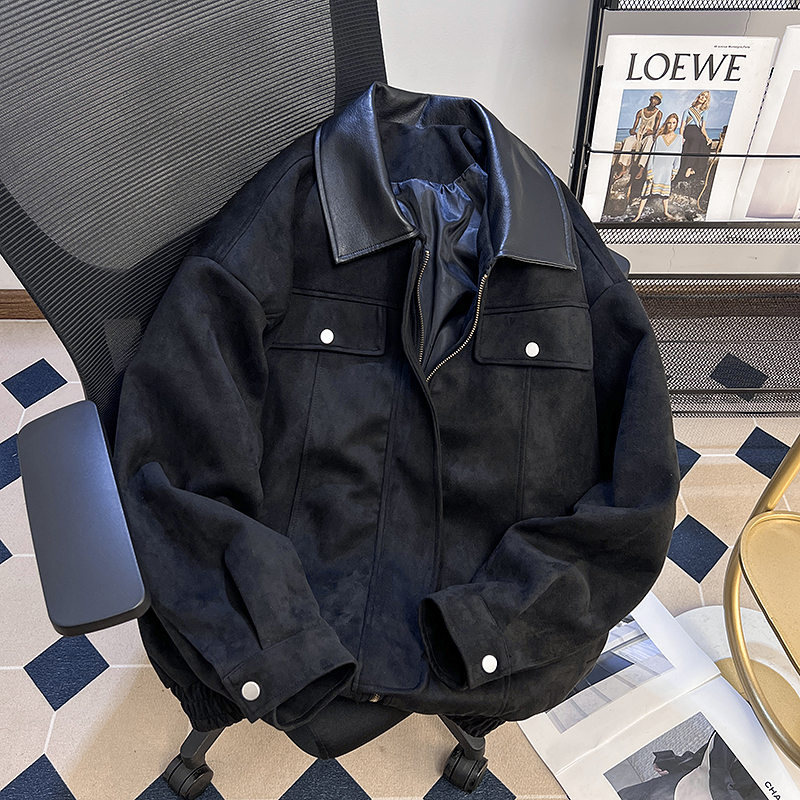复古拼皮翻领麂皮绒外套男女2025新款春秋季高街机车棒球服夹克潮