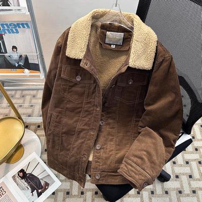 加厚工装羊羔绒棉衣外套男款冬季加绒棉袄复古翻领灯芯绒棉服保暖