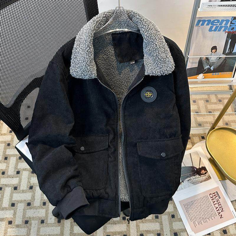 日系复古灯芯绒翻领工装棉服男装潮牌冬季加绒加厚棉衣羊羔毛外套