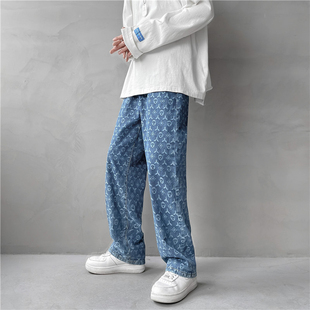 潮牌炸街宽松直筒老爹裤 男韩版 ulzzang复古直筒印花牛仔长裤 春季