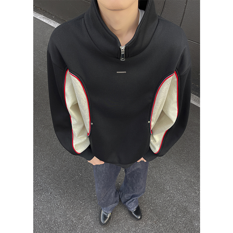 半拉链长袖卫衣男生秋季潮ins解构拼接撞色上衣美式休闲立领外套