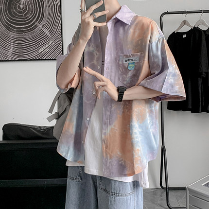 很仙的冰丝衬衫男短袖夏季潮宽松情侣原宿扎染设计感小众半袖衬衣