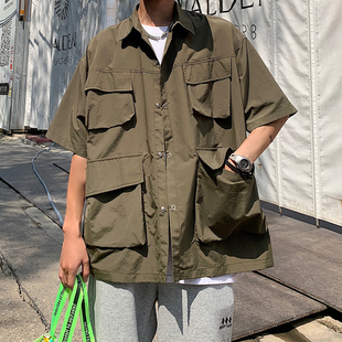 工装 冰丝衬衣中袖 衬衫 痞帅宽松bf多口袋短袖 男士 日系机能风五分袖