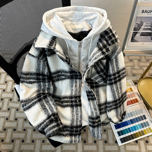 美式 復古小香風bf連帽毛呢夾克上衣 秋冬季 假兩件格子呢子外套男款