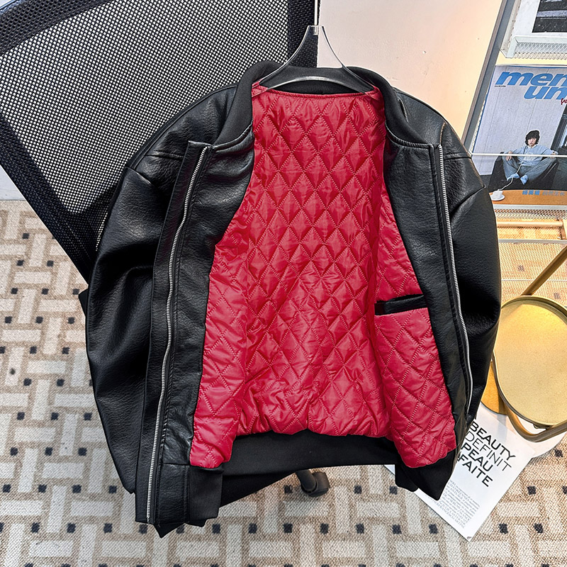 美式解构pu皮衣加绒棉衣男款秋冬cleanfit棒球服短款夹棉机车夹克