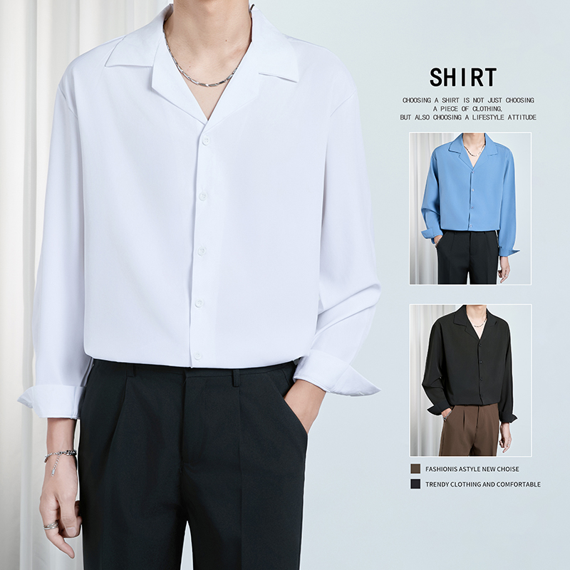 高级通勤垂感白色衬衫男士商务轻熟长袖休闲宽松免烫翻领内搭衬衣