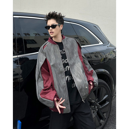 设计感拼接撞色PU皮棒球服外套男装美式立领解构飞行皮夹克赛车服