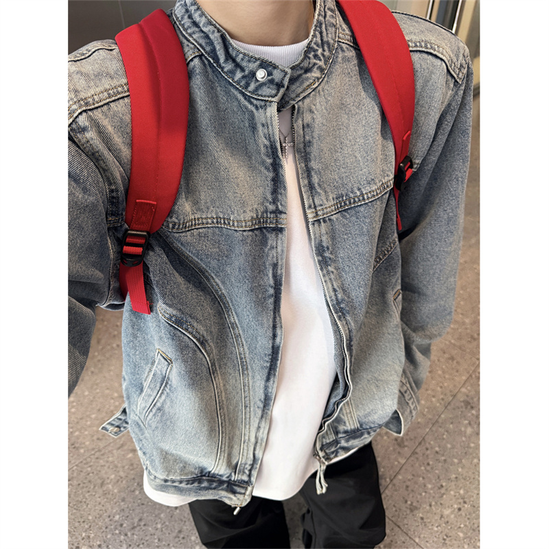 美式cleanfit废土风分割解构机车服牛仔夹克男女秋季中性立领外套