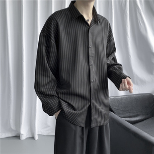 ins薄款 暗黑系条纹长袖 潮流春夏季 男士 情侣垂感内搭炸街衬衣 衬衫