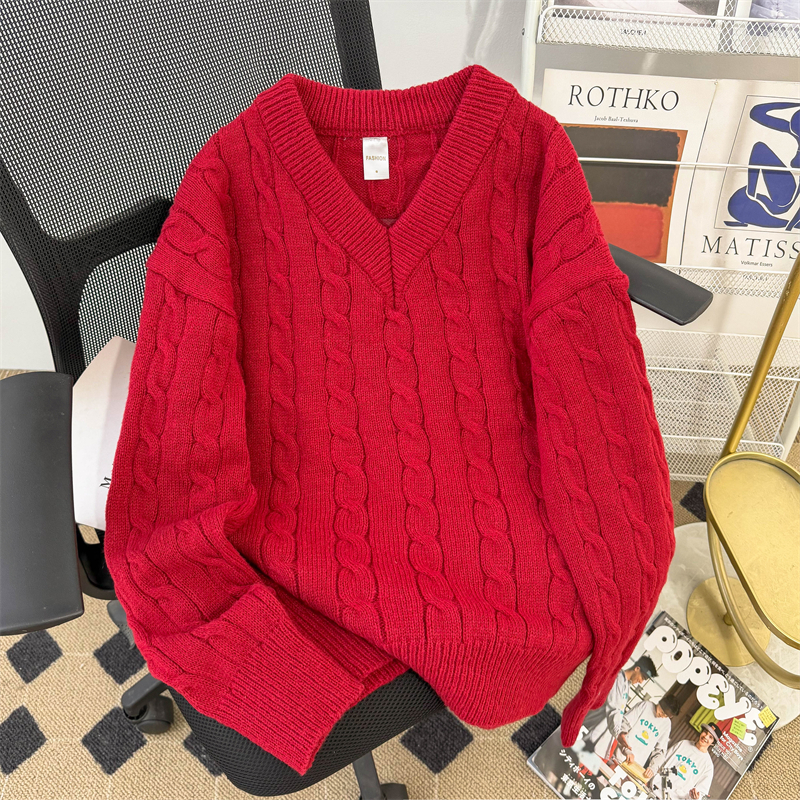 红色V领长袖毛衣男女秋冬季潮流情侣麻花针织衫美式复古加厚线衣