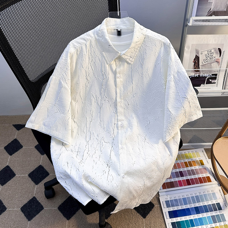 白色褶皱冰丝短袖衬衫男生夏季薄款凉感设计感开衫休闲半截袖衬衣