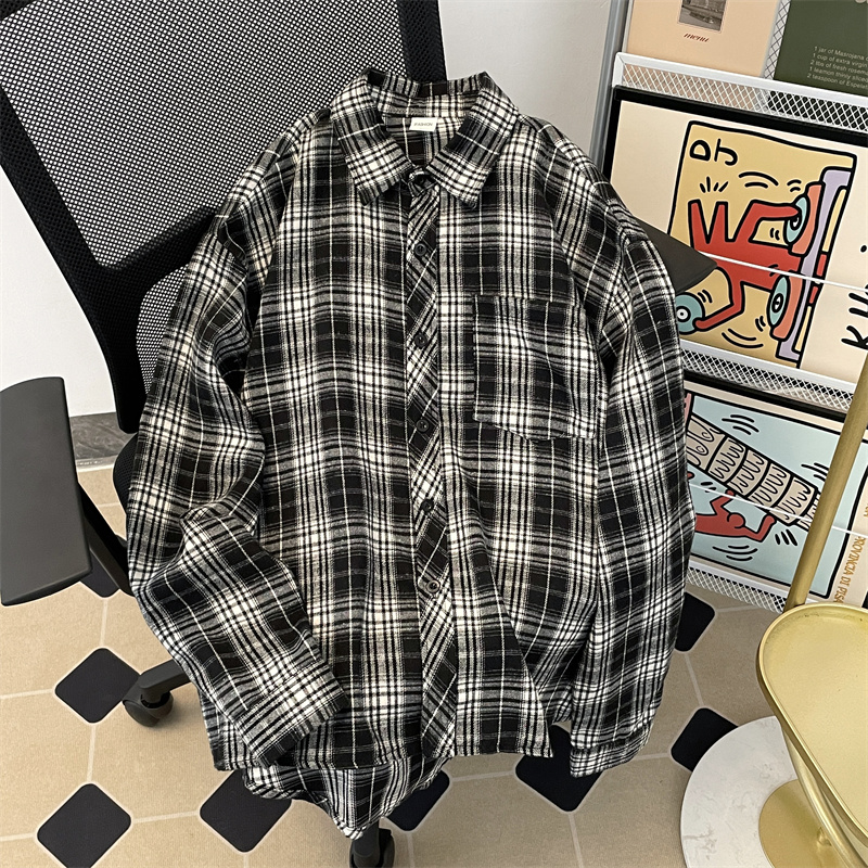 黑白格长袖衬衫男春秋季美式