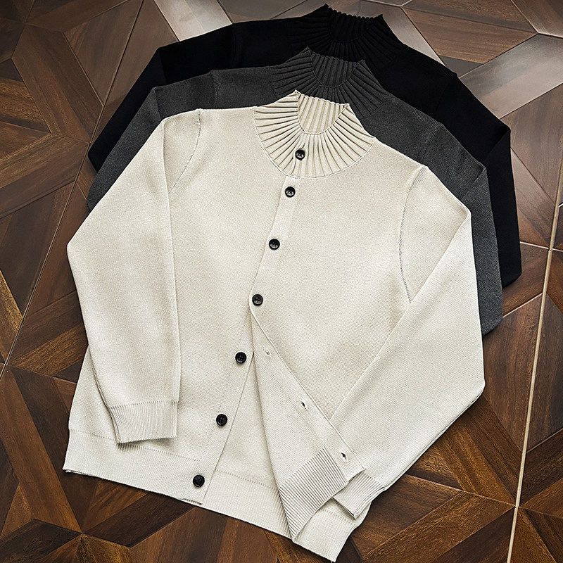 老钱风半高领长袖针织开衫男冬装穿搭韩版高级感cleanfit毛衣外套