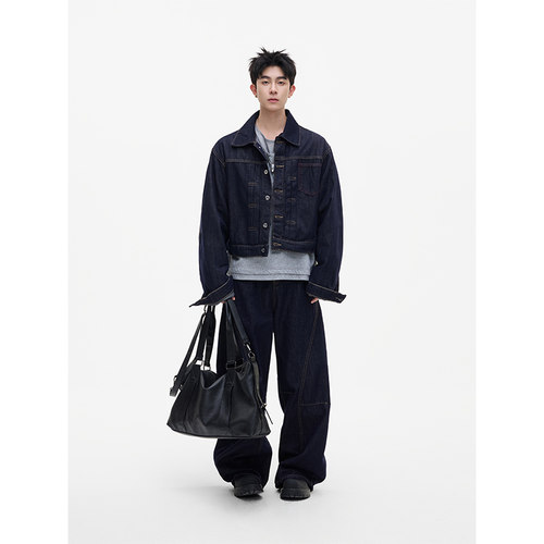 蓝色弯刀牛仔裤套装男女美式春秋季宽松时尚牛仔外套夹克两件套潮