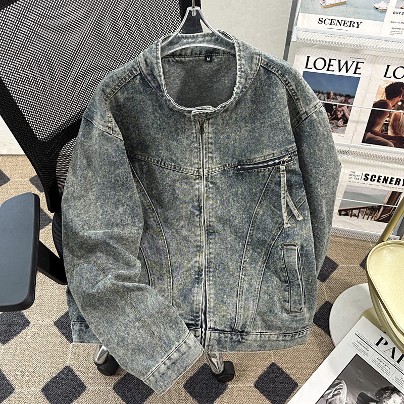 水洗分割解构做旧机车服牛仔夹克男装痞帅美式短款外套设计感重磅