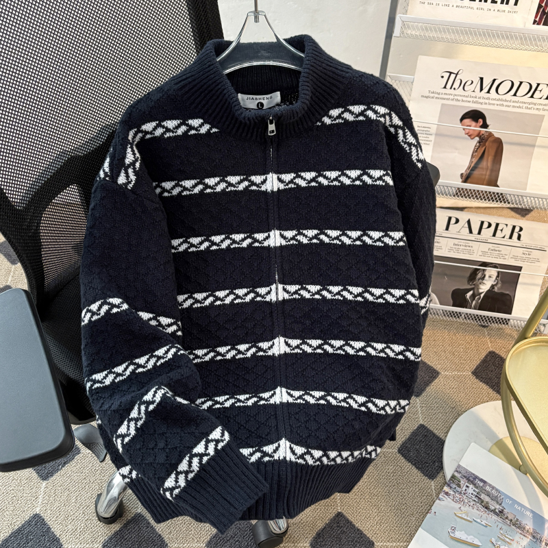 美式菱格条纹撞色立领开衫毛衣男女小众bf风宽松拉链针织毛衫外套