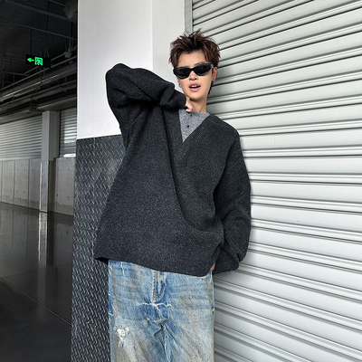 老钱风假两件v领毛衣男款简约高级感长袖针织衫秋冬新款内搭上衣