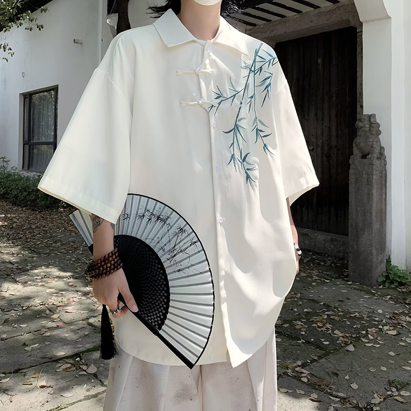 新中式竹子刺绣盘扣衬衫男装宽松夏季短袖国风潮流高级感唐装衬衣