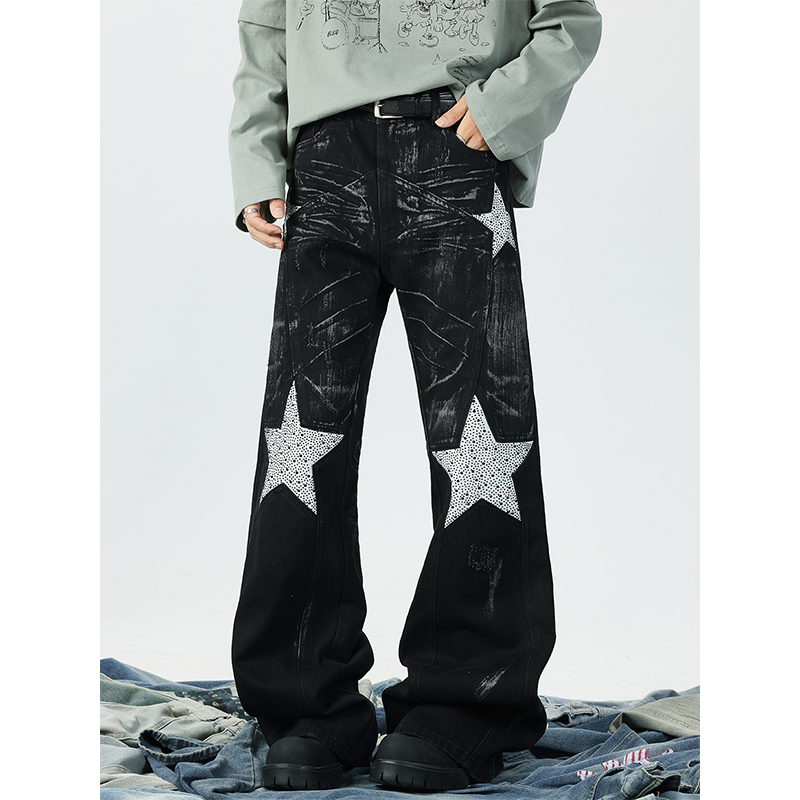 美式小众烫钻五角星微喇牛仔裤男女弯刀显瘦立体解构拖地阔腿长裤