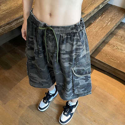 高街hiphop迷彩工装牛仔短裤男款夏季水洗设计感直筒阔腿五分中裤