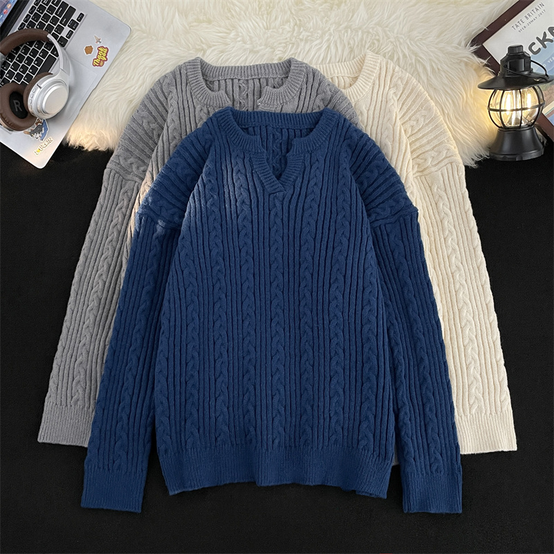 老钱风麻花纹蓝色毛衣男生高级感亨利领针织衫内搭松弛感V领线衣