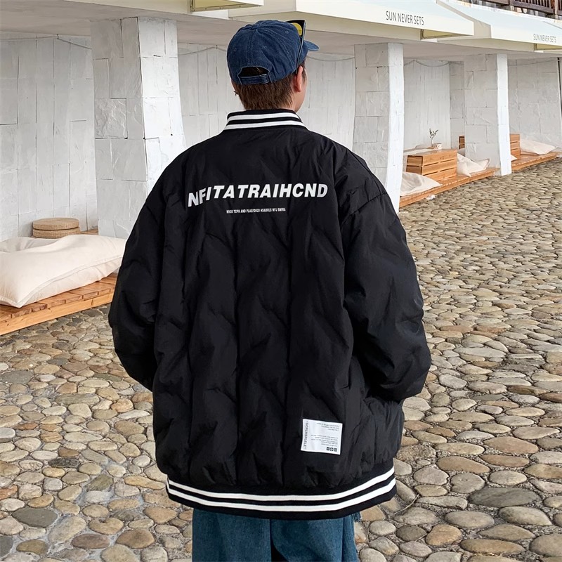 美式复古菱形格棉服男生