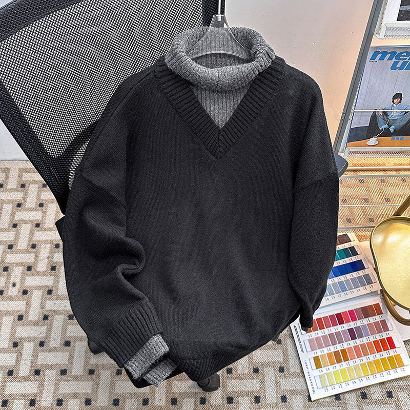 可翻高领假两件纯色毛衣男生冬季韩系宽松百搭套头打底针织衫长袖