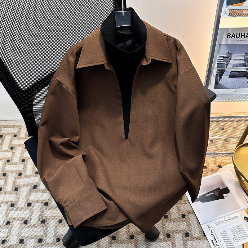 重磅假两件V领衬衫男款高级垂感春秋季撞色拼接宽松长袖衬衣外套